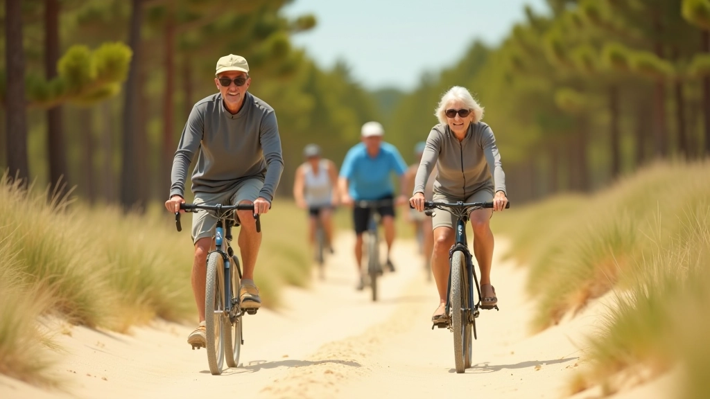 Seniori velocipēdā pavasarī ar zaļiem kokiem un saulainu laikapastu